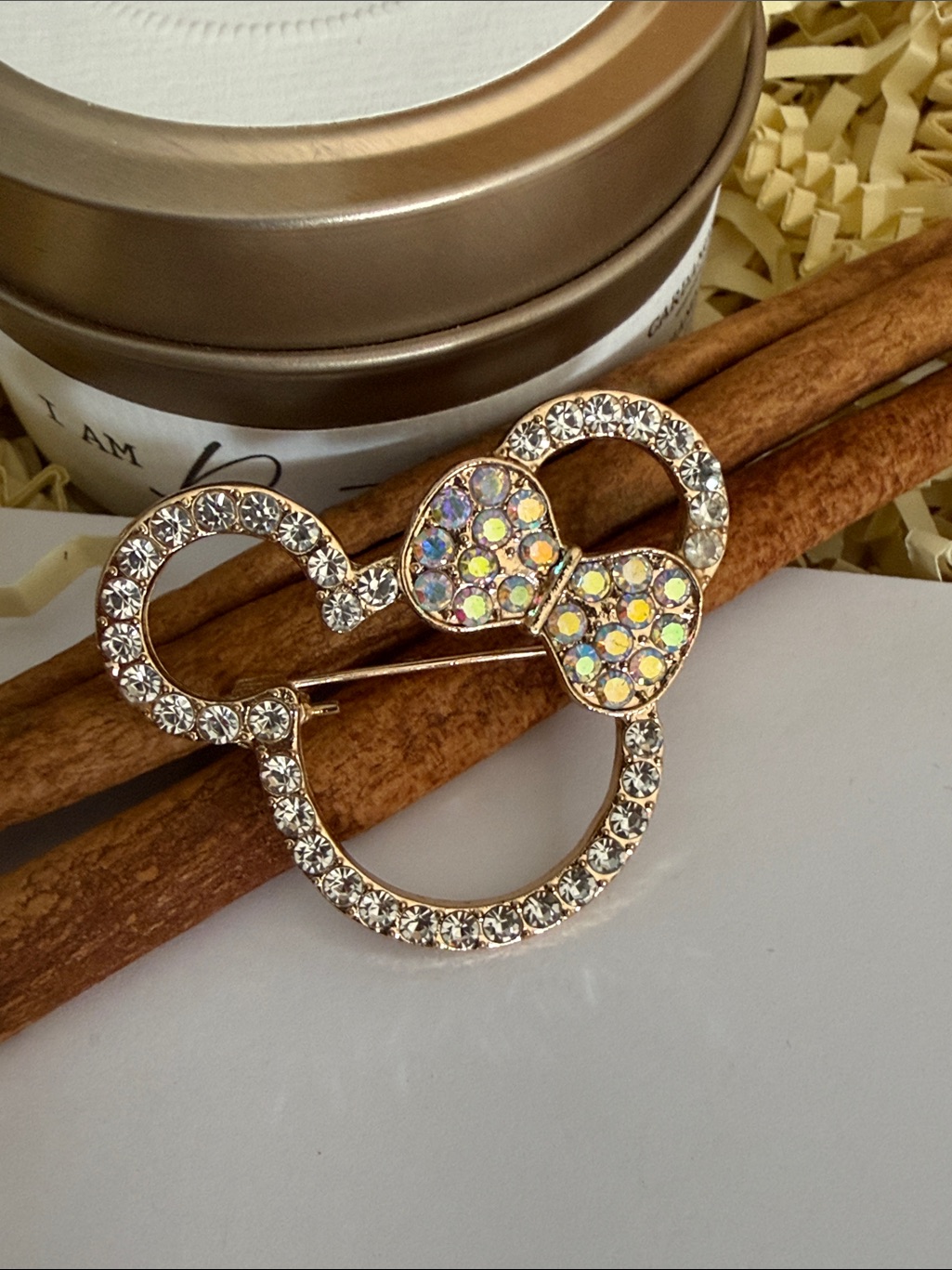 Gold-Tone Bow Accent Minnie-Style Brooch With Iridescent Crystals